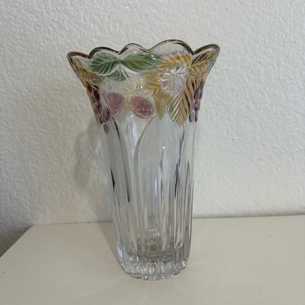 Glass Crystal Mikasa vase with tinted fruits and floral pattern